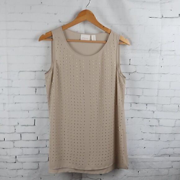 CHICO'S TAN SLEEVELESS ROUND NECK TANK TOP WITH GOLD METAL POLKA DOT DETAIL - Picture 1 of 9